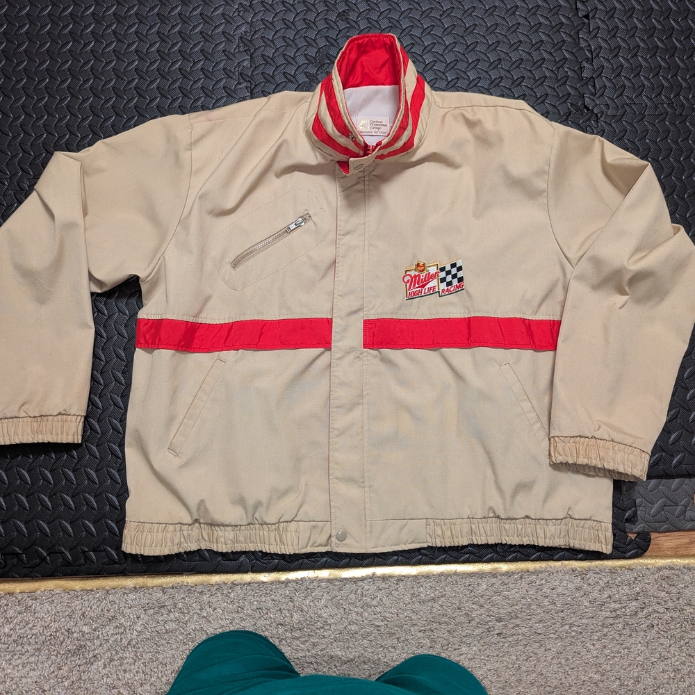 Tan and Red Racing Jacket with Stand-Up Collar